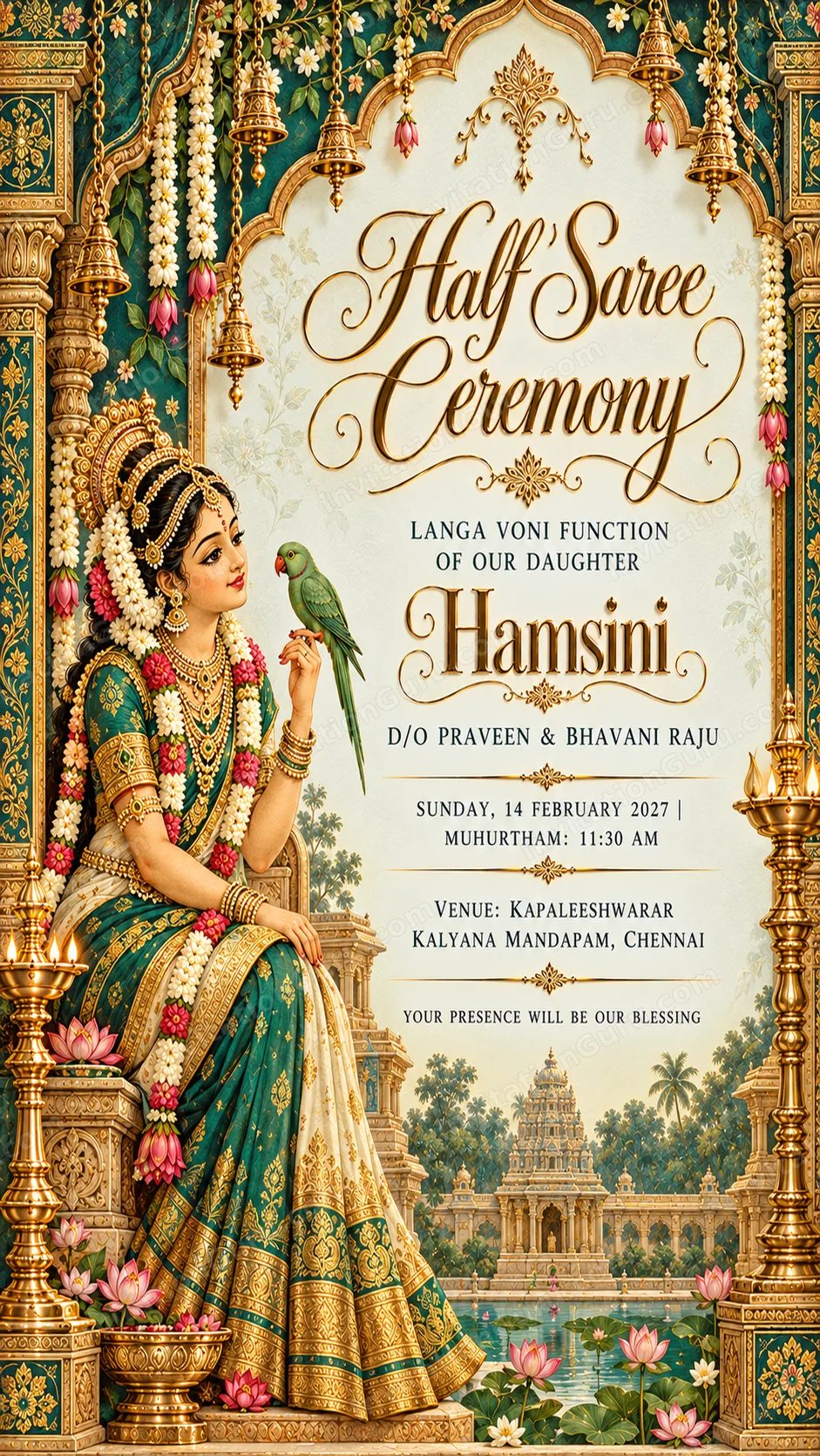 Half Name Andal-Inspired Half Saree Ceremony Invitation | InvitationGuru