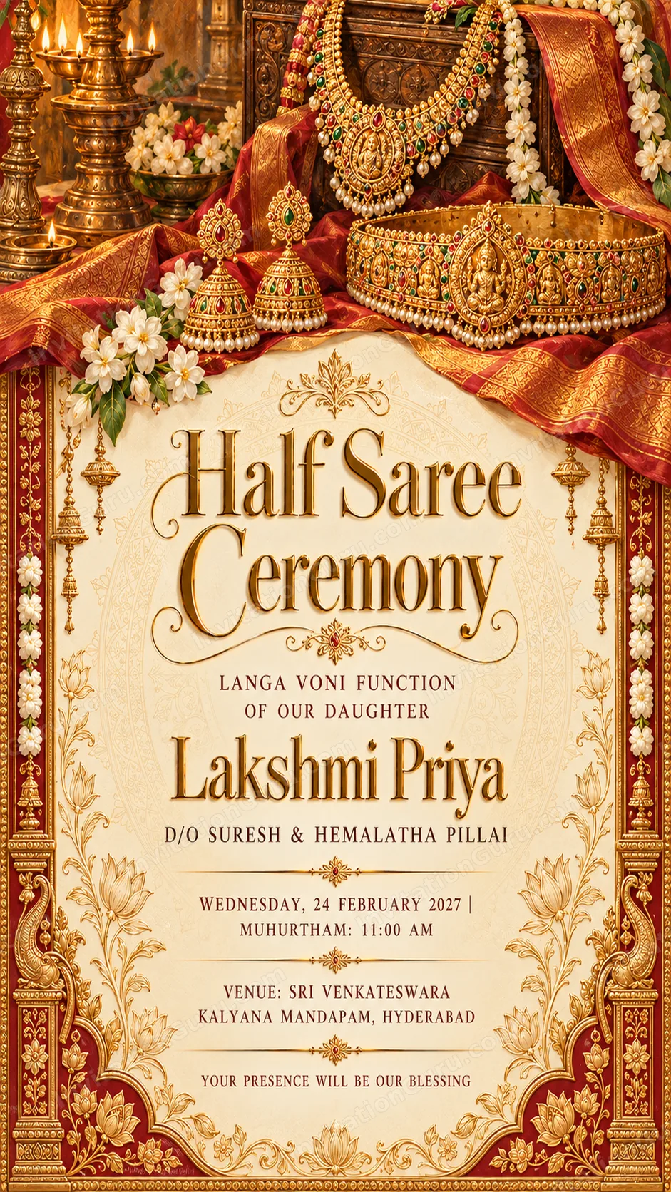 Half Name Golden South Indian Half Saree Ceremony Invitation | InvitationGuru