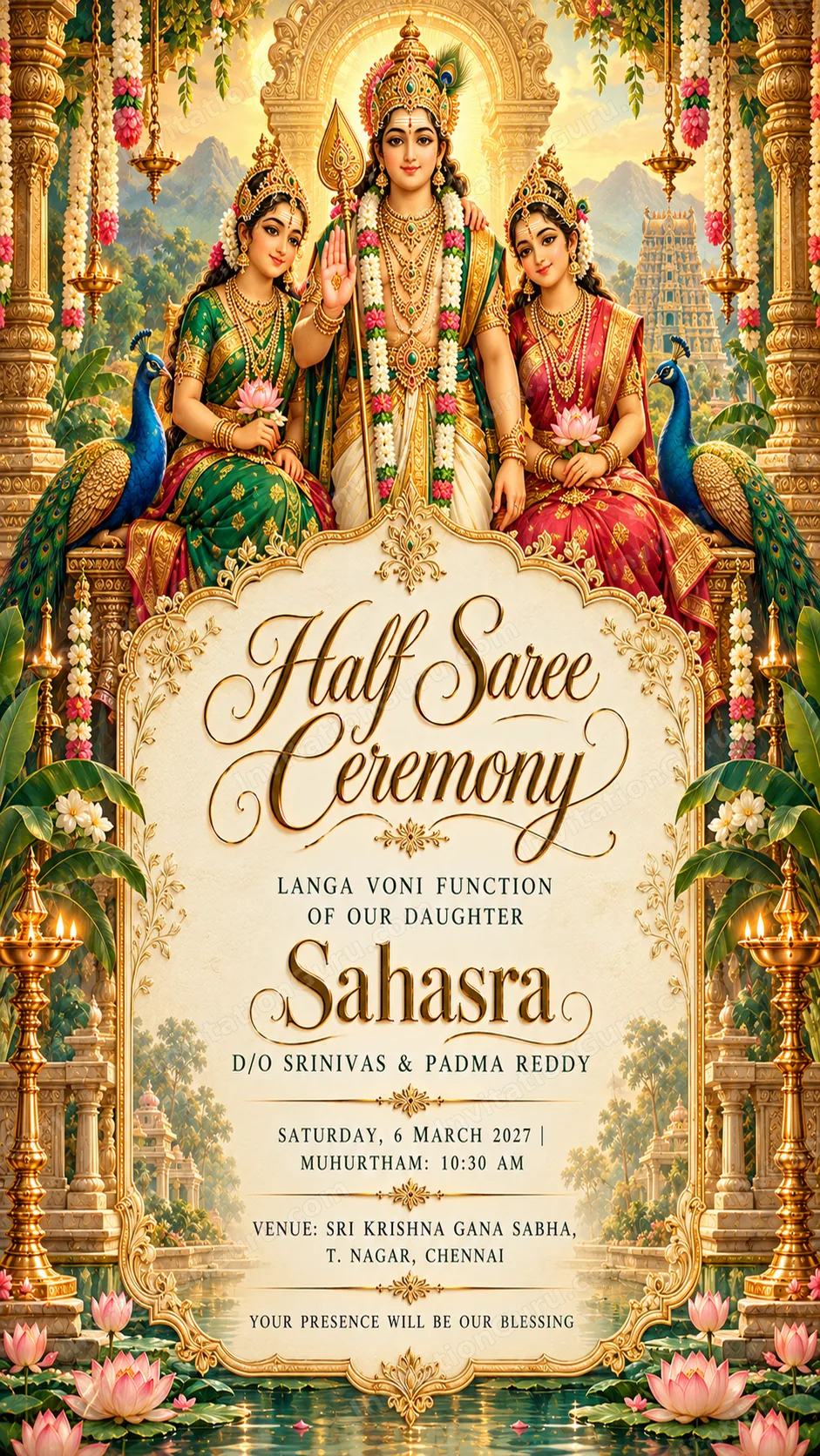 Half Name Murugan Half Saree Ceremony Invitation | InvitationGuru