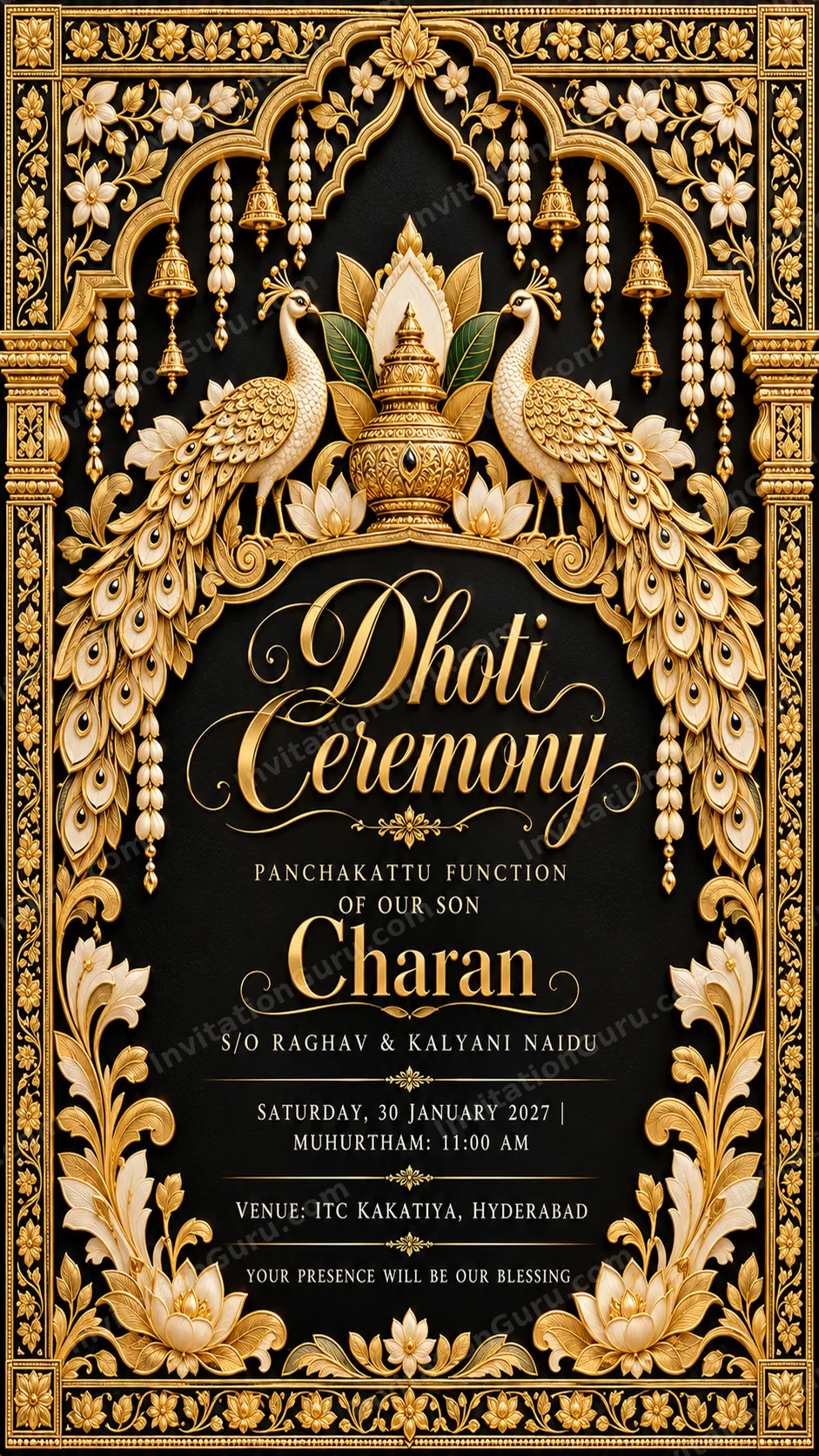 Ornate Gold Dhoti Ceremony Invitation | InvitationGuru