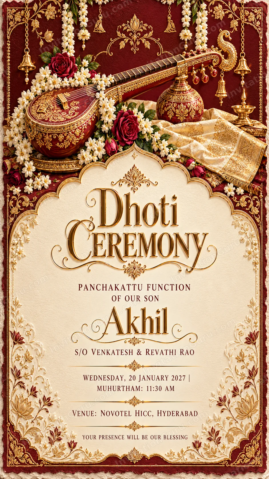 Ornate South Indian Dhoti Ceremony Invitation | InvitationGuru