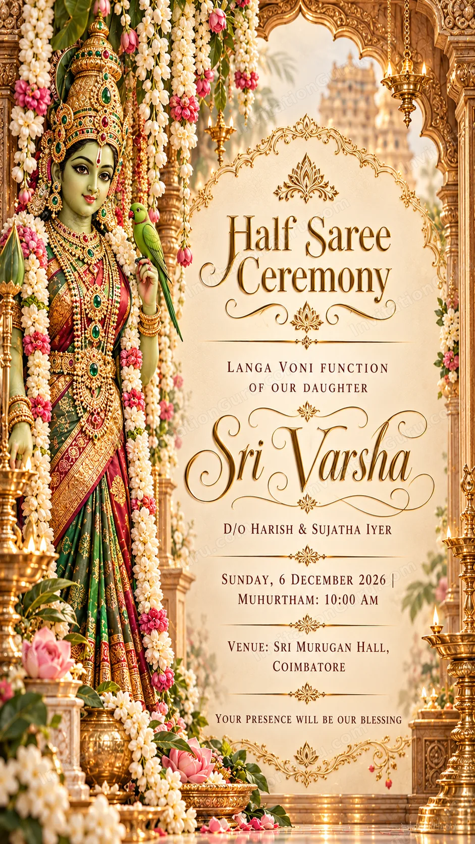Half Name Ornate South Indian Half Saree Ceremony Invitation | InvitationGuru