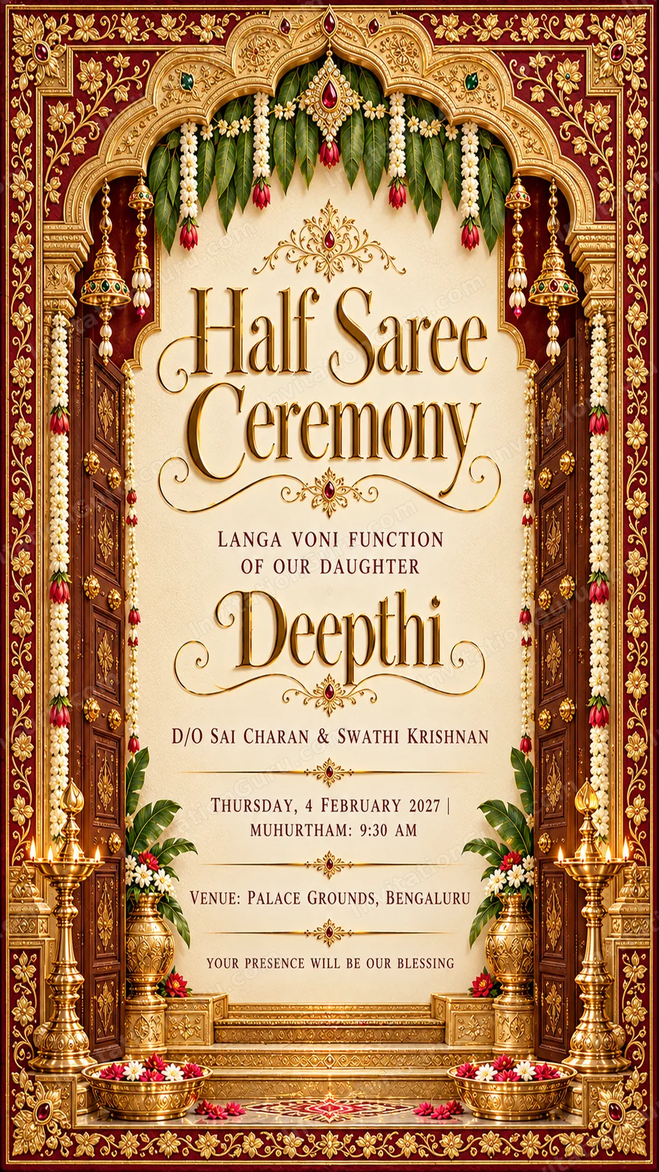 Half Name Royal Half Saree Ceremony Invitation | InvitationGuru