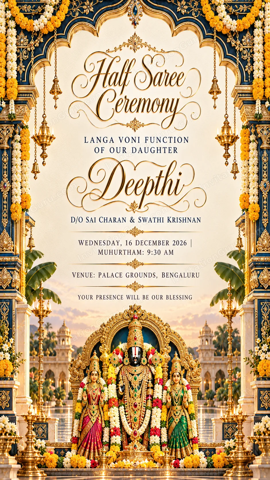 Half Name Temple Elegance Half Saree Ceremony Invitation | InvitationGuru