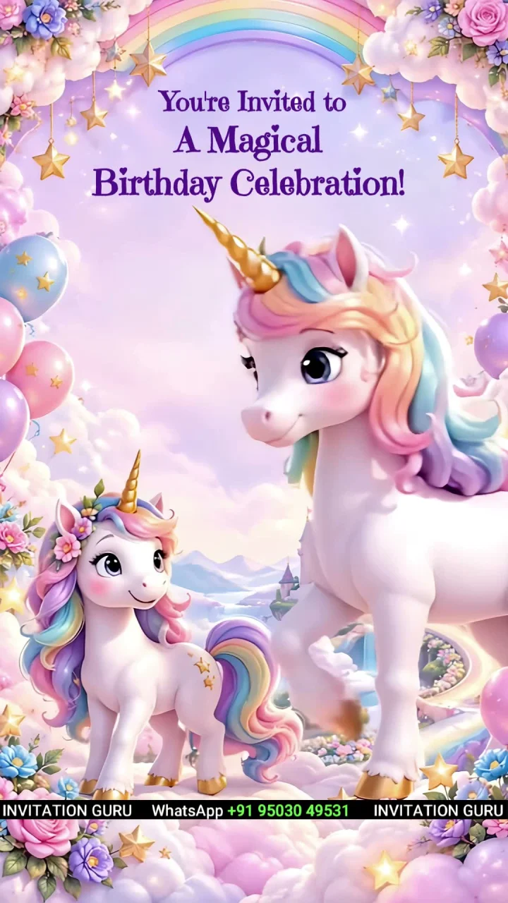 Royal Unicorn Lavender Gold 9595 birthday invitation video by InvitationGuru
