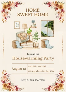 Floral Beautiful Beige and Brown Watercolor Floral Illustrated Housewarming Invitation Gold Themed Invitation