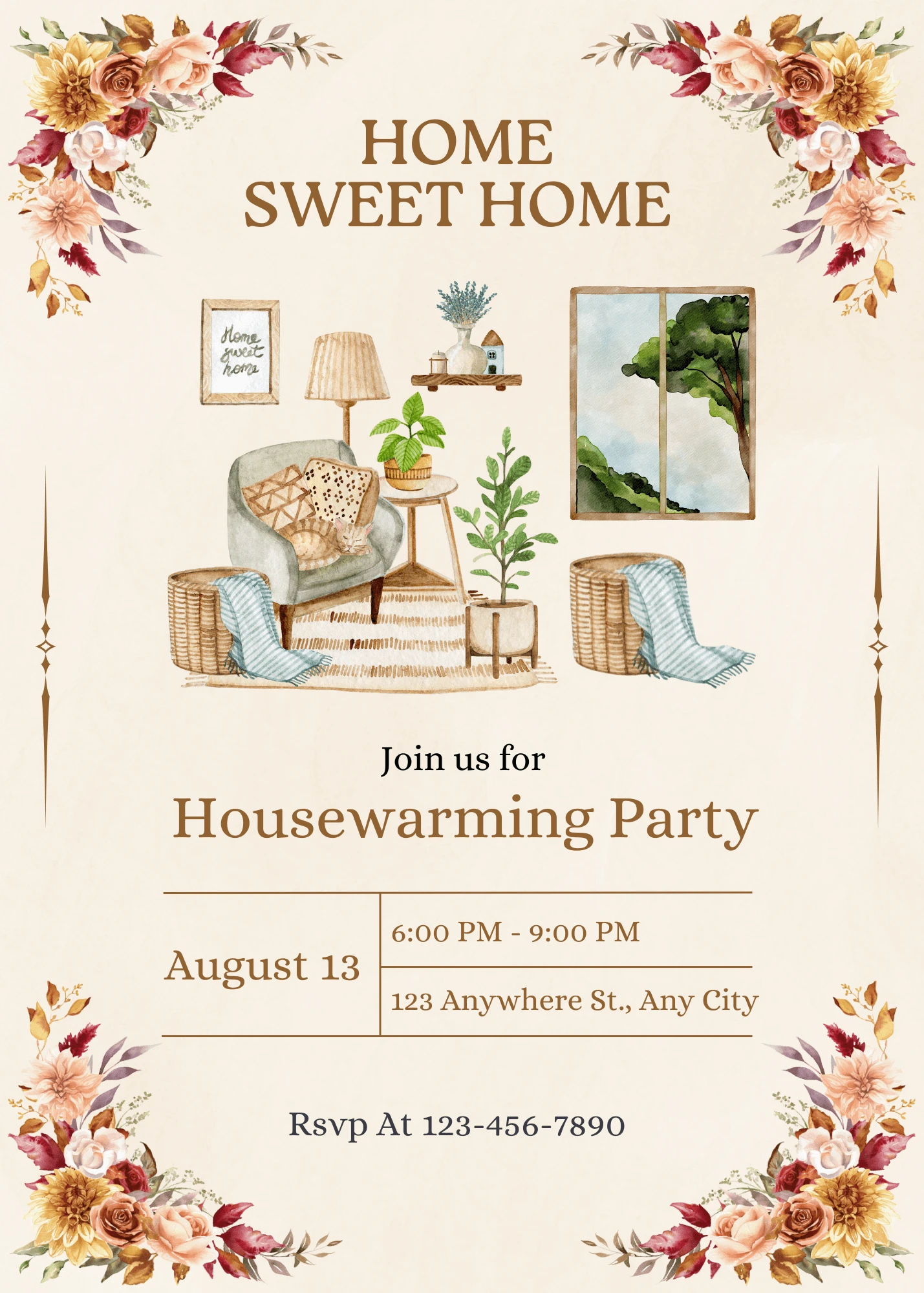 Floral Beautiful Beige and Brown Watercolor Floral Illustrated Housewarming Invitation Gold Themed Invitation – personalised housewarming card by InvitationGuru