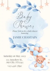 Digital Invitation Adorable Blue and Beige Cute Bear Baby Shower Invitation Gold Themed Invitation