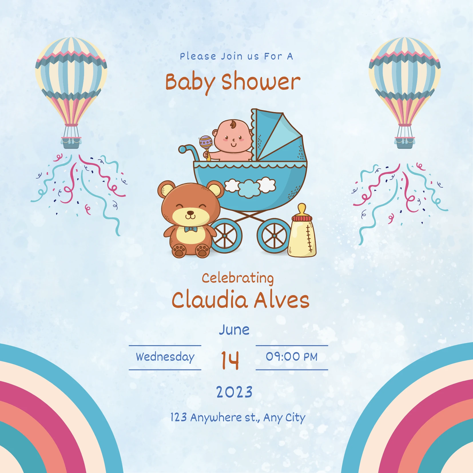 Elegant Blue and Brown Simple Baby Shower Invitation Trendy Event E-Card