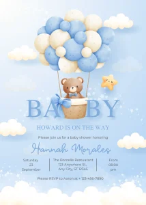 Digital Invitation Adorable Blue Cute Baby Bear Baby Shower Invitation Sophisticated Celebration E-Card