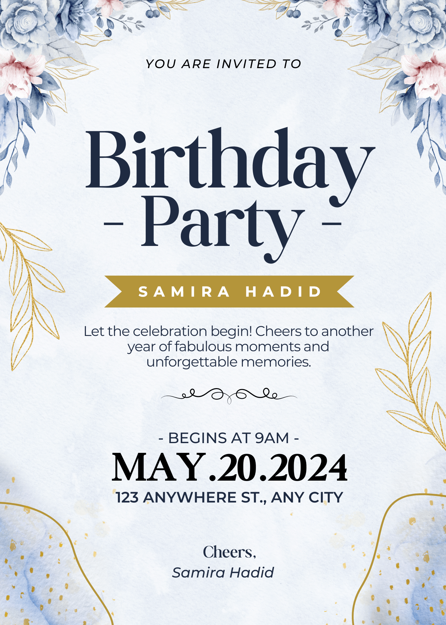 Floral Beautiful Blue Illustrative Floral Birthday Party Invitation for Joyful Gatherings Personalized WhatsApp Invite
