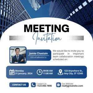 Modern Trendy Blue Modern Meeting Invitation Instagram Post Gold Themed Invitation