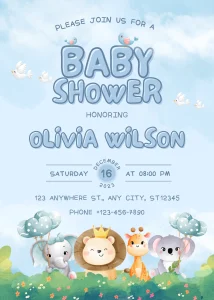 Digital Invitation Adorable Blue Pastel Watercolor Animals Baby Shower Invitation Gold Themed Invitation