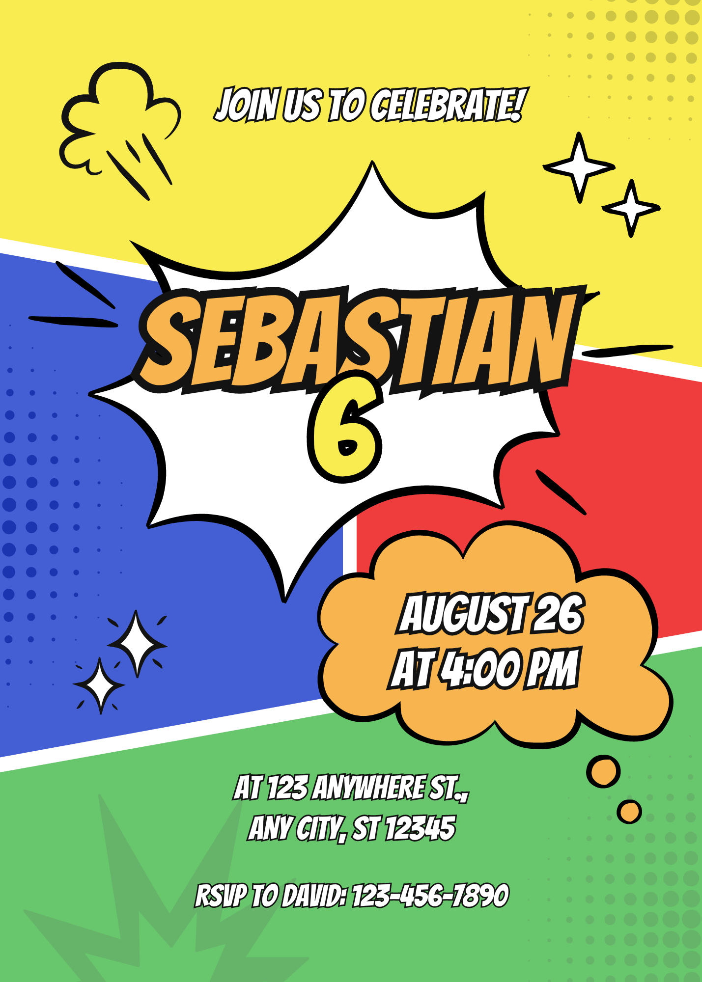 Fun Blue, Red, and Yellow Illustrated Superhero Comic Birthday Invitation Elegant Digital Invitation