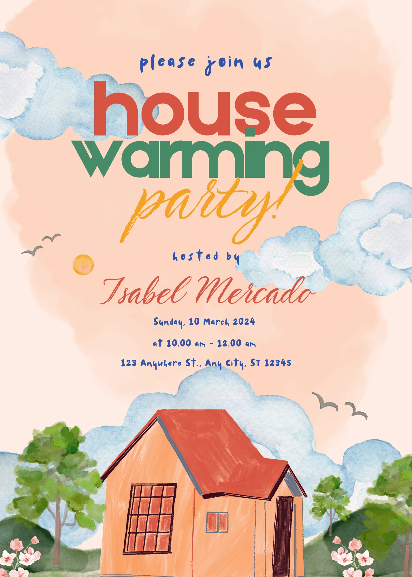 Digital Invitation Rustic Blue and Green Watercolor Housewarming Invitation Luxury Celebration Invite