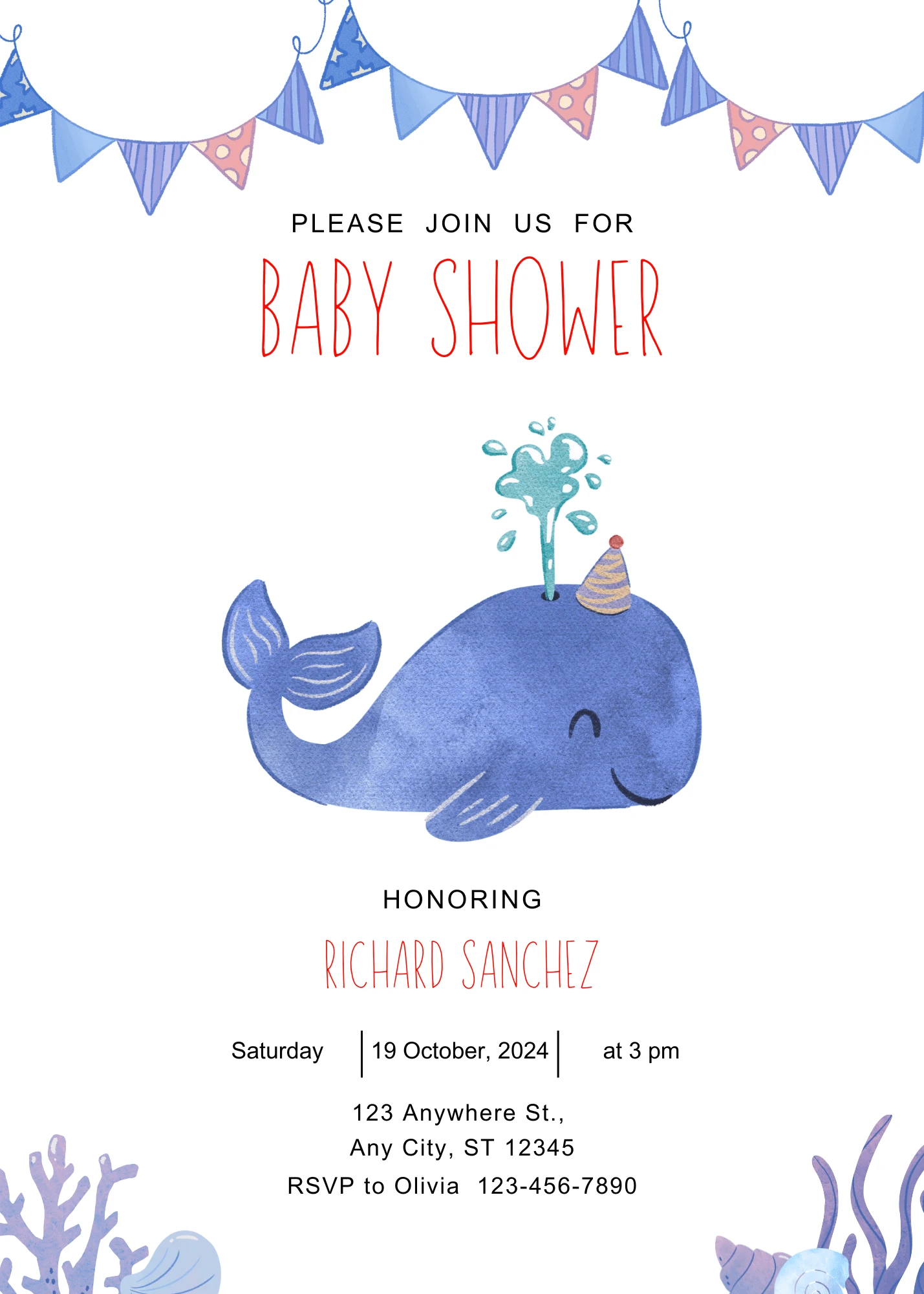 Digital Invitation Best Blue and Red Watercolor Cute Baby Shower Invitation Gold Themed Invitation