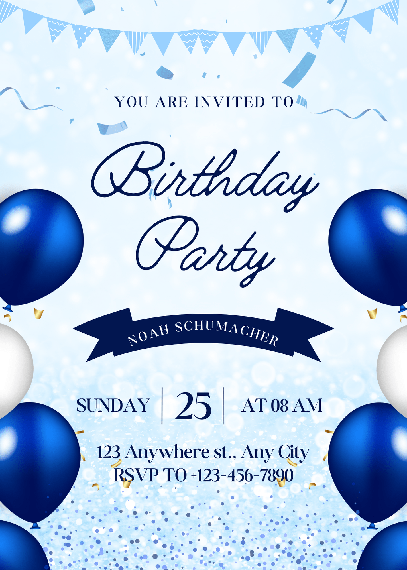 Birthday Serene Blue and White Watercolor Birthday Party Invitation for All Ages Exclusive Birthday E-Card