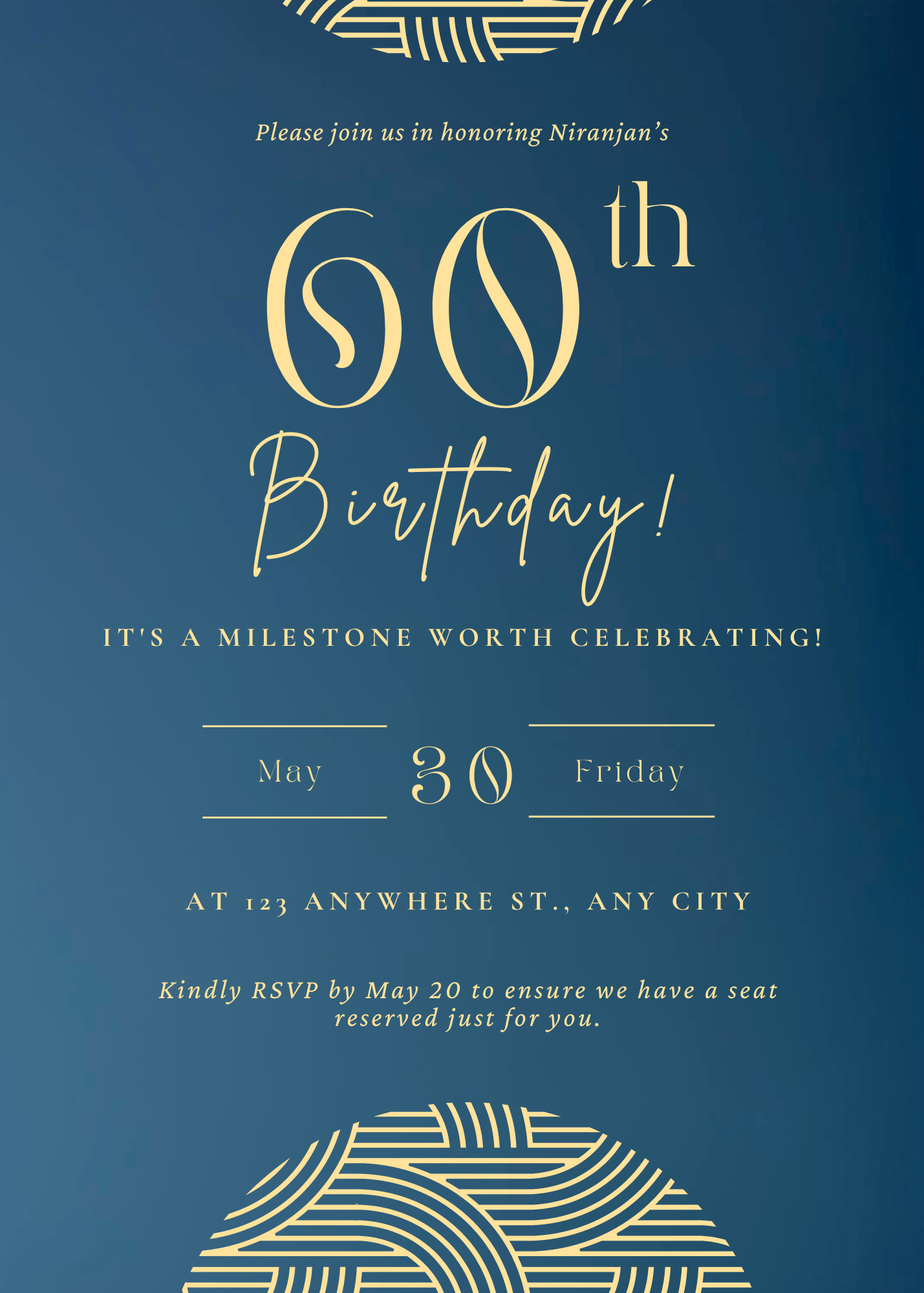 Elegant Blue and Yellow Minimalist 60th Birthday Invitation Interactive Digital Invitation
