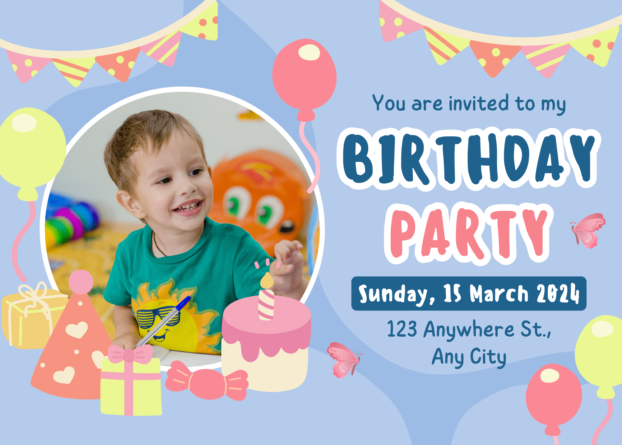 Birthday Playful Blue and Yellow Pastel Illustrated Kids Birthday Invitation Interactive Digital Invitation