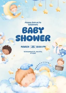 Digital Invitation Bright Blue and Yellow Watercolor Baby Shower Invitation Gold Themed Invitation