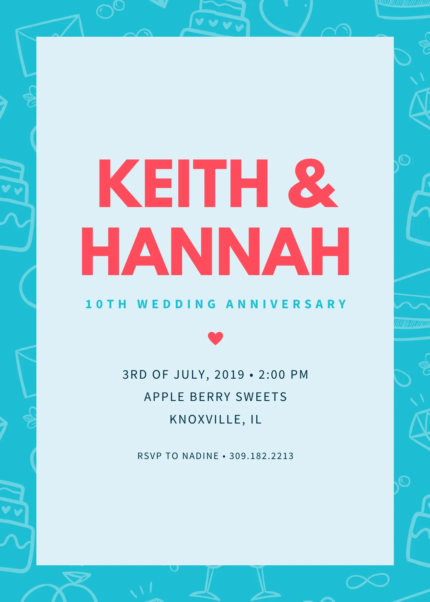 Fun Bright Blue Doodle Pattern 10-Year Anniversary Invitation Elegant Digital Invitation