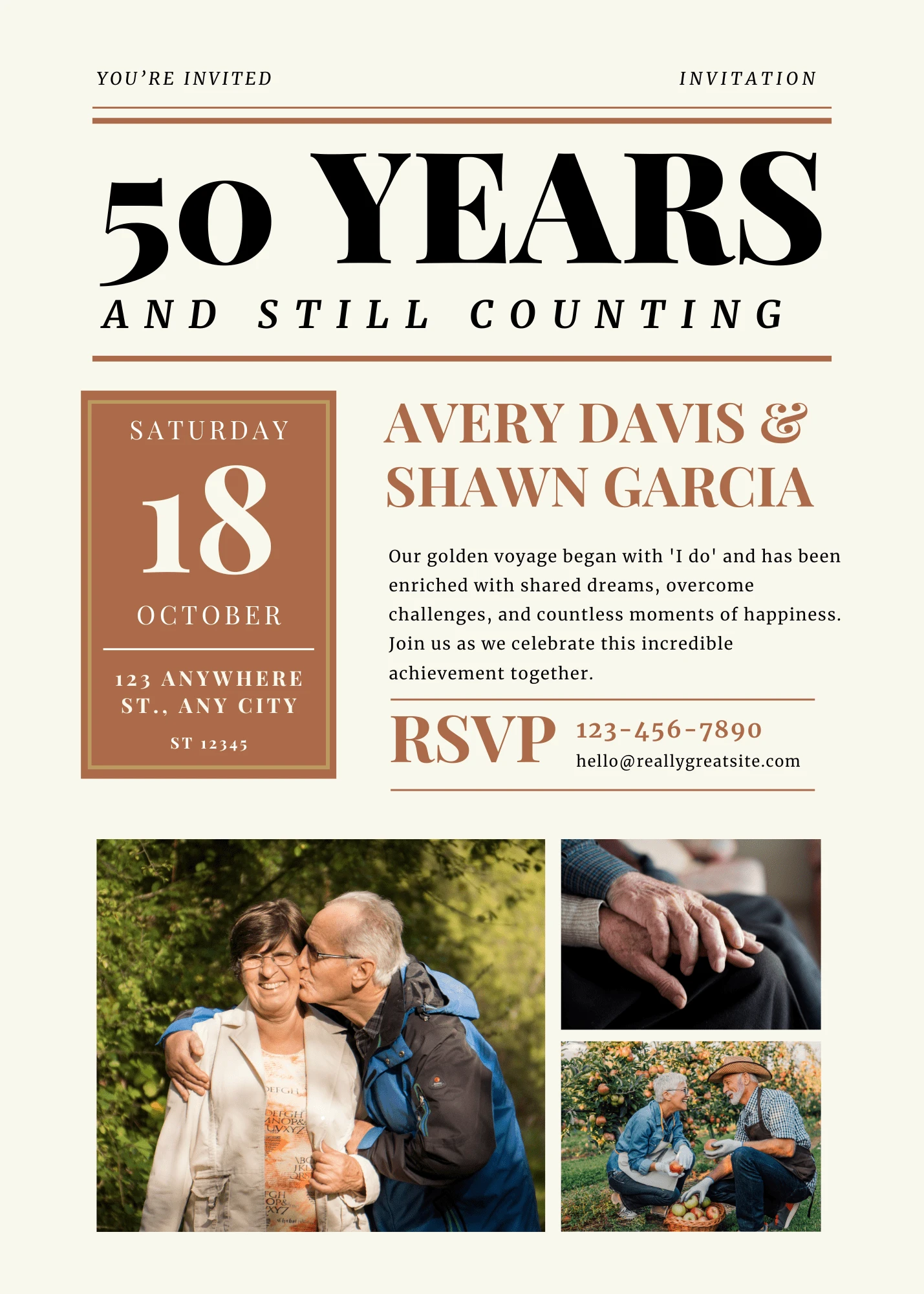 Digital Invitation Classic Brown and Beige Simple Grid Newspaper Style 50th Anniversary Glitter Party E-Card
