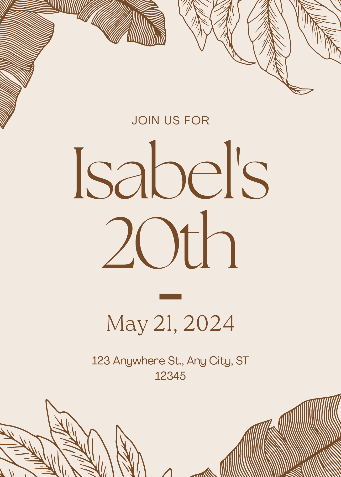 Modern Stylish Brown and Cream Modern Tropical Birthday Invitation for Beach Parties Trendy Event E-Card