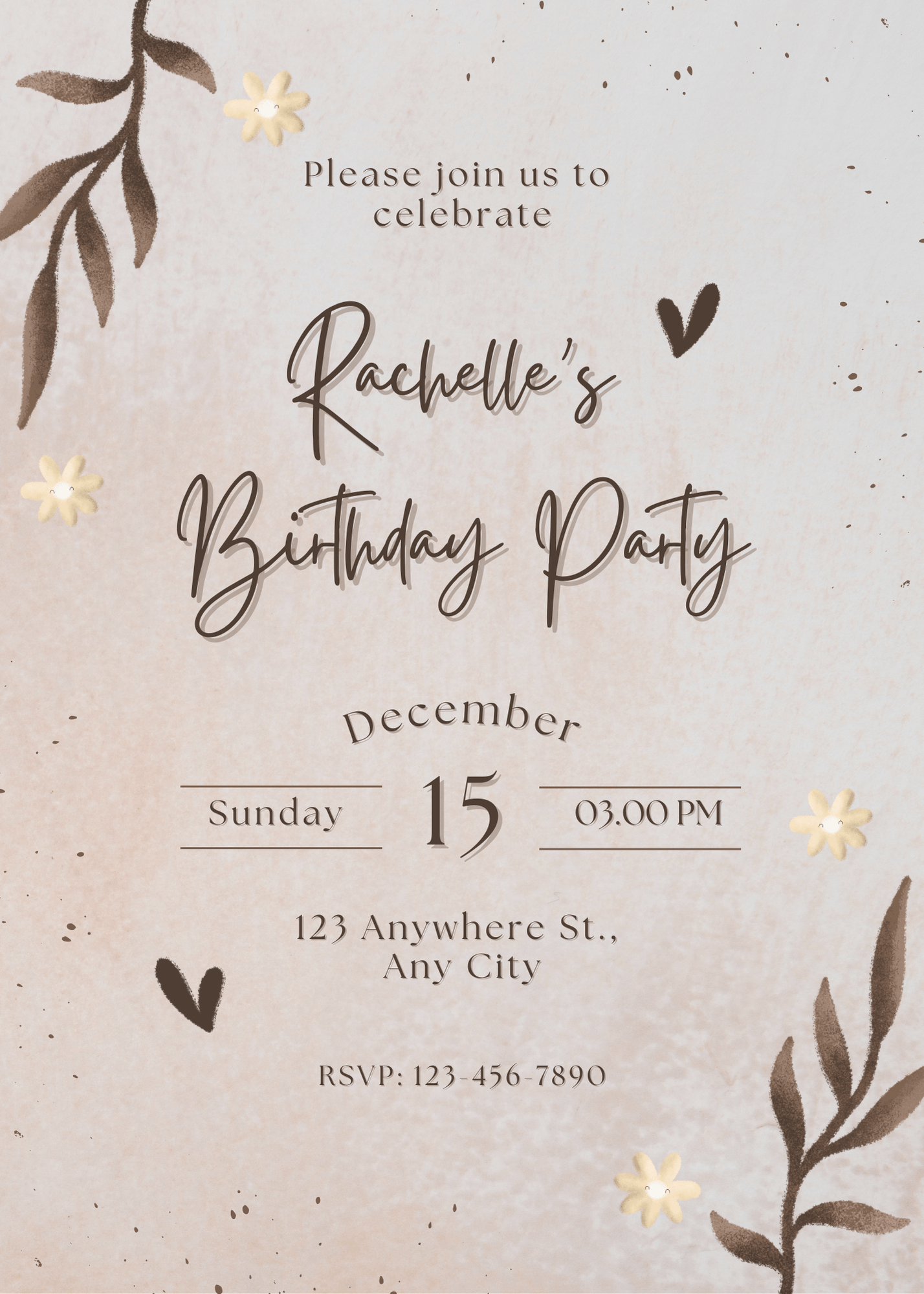 Floral Top Brown Floral Watercolor Leaves Birthday Invitation for Rustic Parties Sophisticated Celebration E-Card