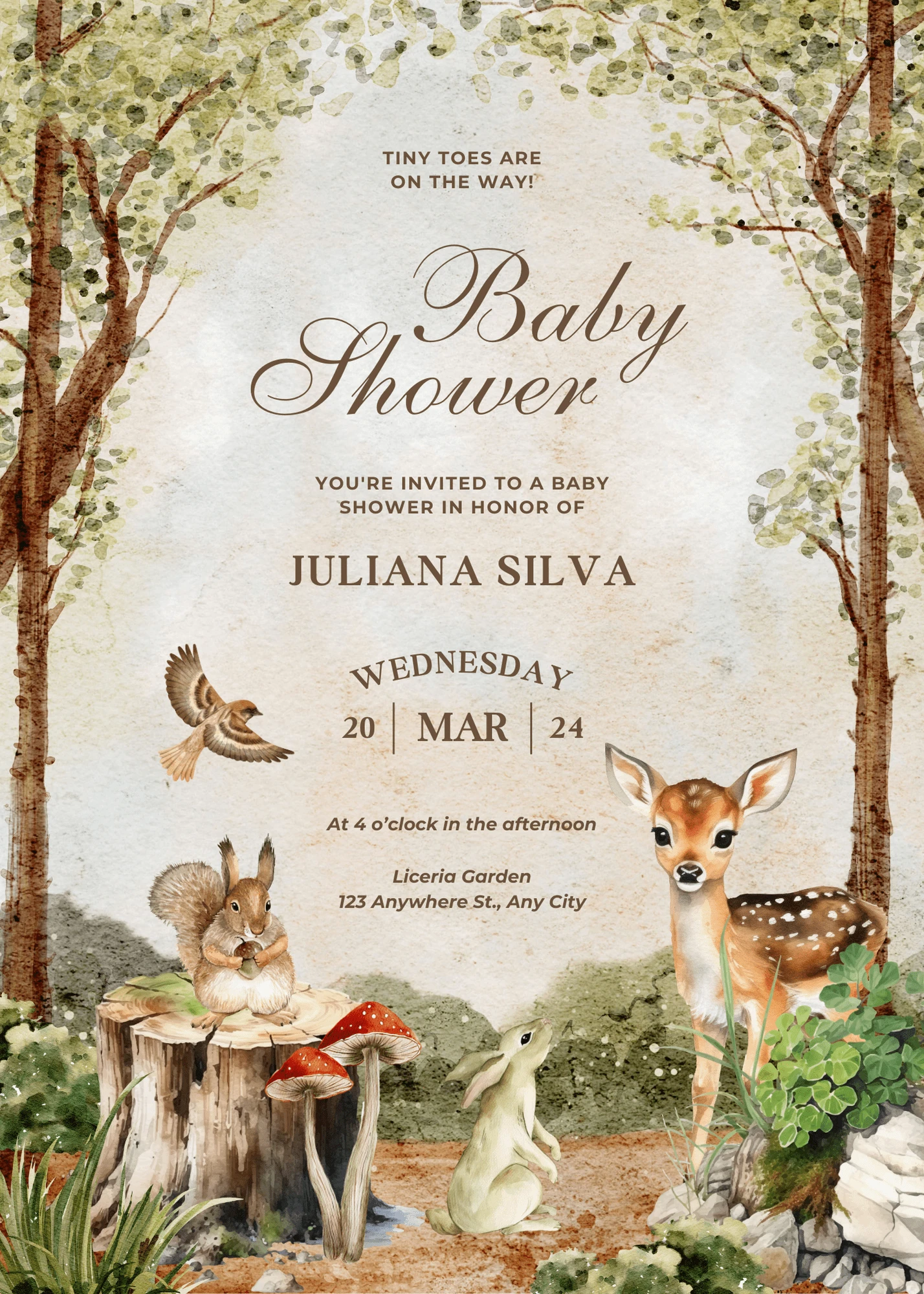 Digital Invitation Earthy Brown and Green Watercolor Baby Shower Invitation Sophisticated Celebration E-Card