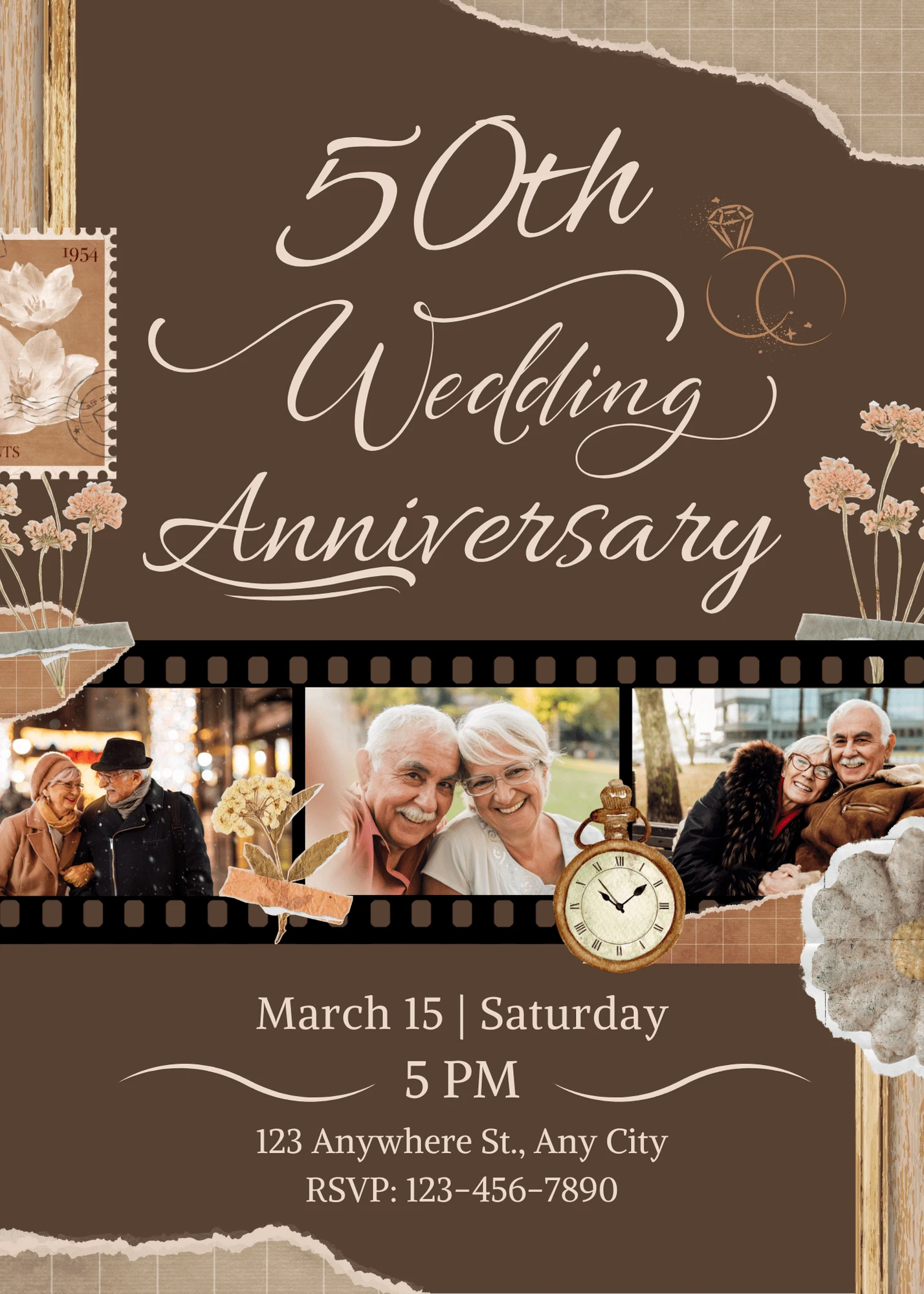 Floral Timeless Brown Vintage Floral 50th Wedding Anniversary Invitation Elegant Digital Invitation