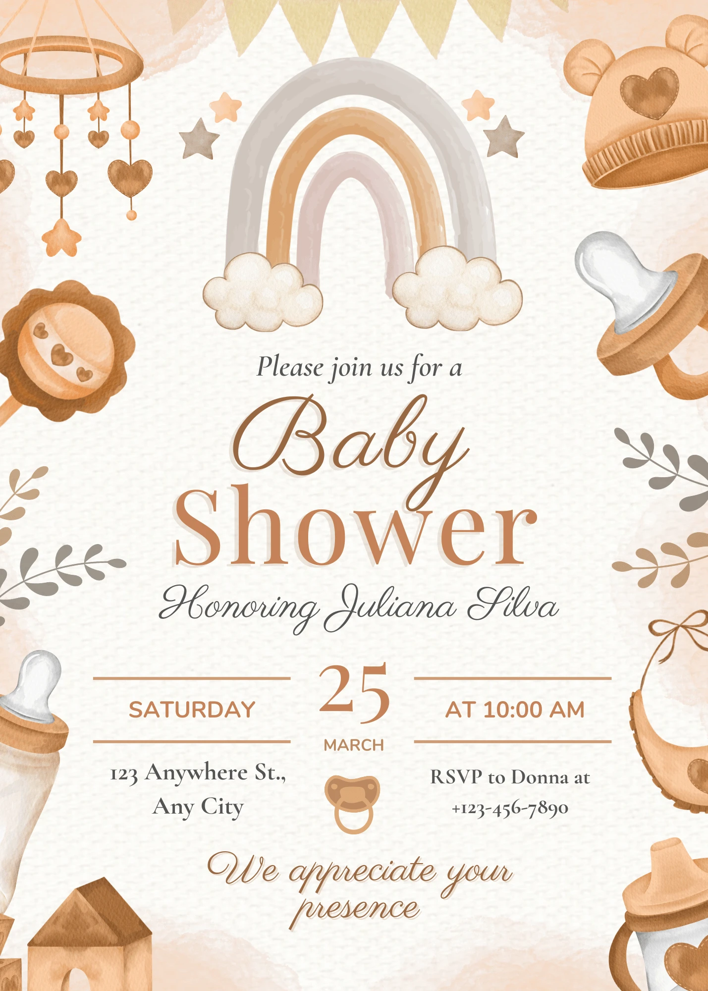 Digital Invitation Brown Watercolor Illustration Baby Shower Invitation Personalized WhatsApp Invite