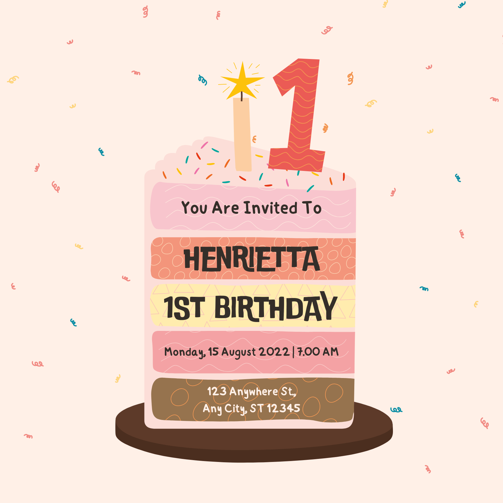 Birthday Sweet Cream and Pink Cake Illustration 1st Birthday Invitation Elegant Digital Invitation