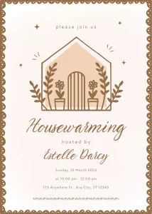 Digital Invitation Adorable Cream and Brown Vintage Housewarming Invitation Gold Themed Invitation