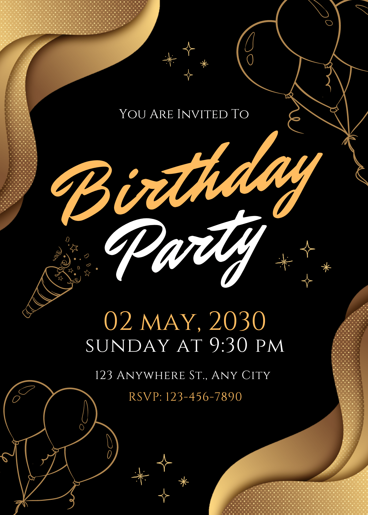 Gold Top Gold and Black Birthday Party Invitation Portrait for Special Occasions Modern Party Invitation