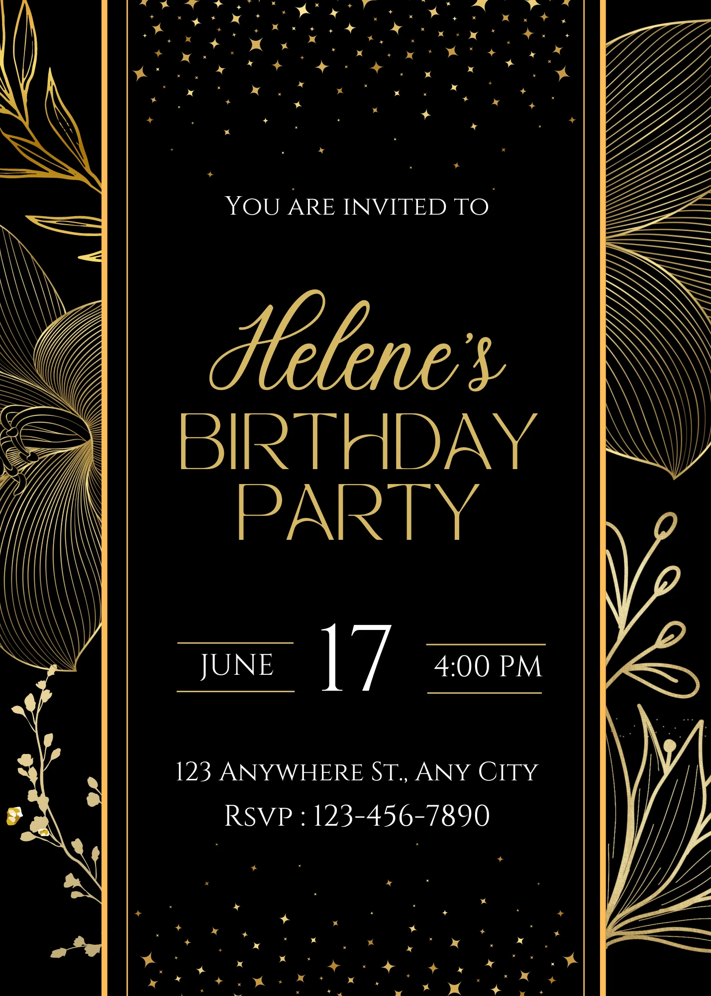 Elegant Gold and Black Floral Birthday Party Invitation Sophisticated Celebration E-Card