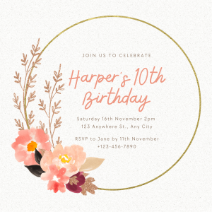 Gold Beautiful Gold and Pink Floral Watercolor Kids Birthday Invitation Gold Themed Invitation