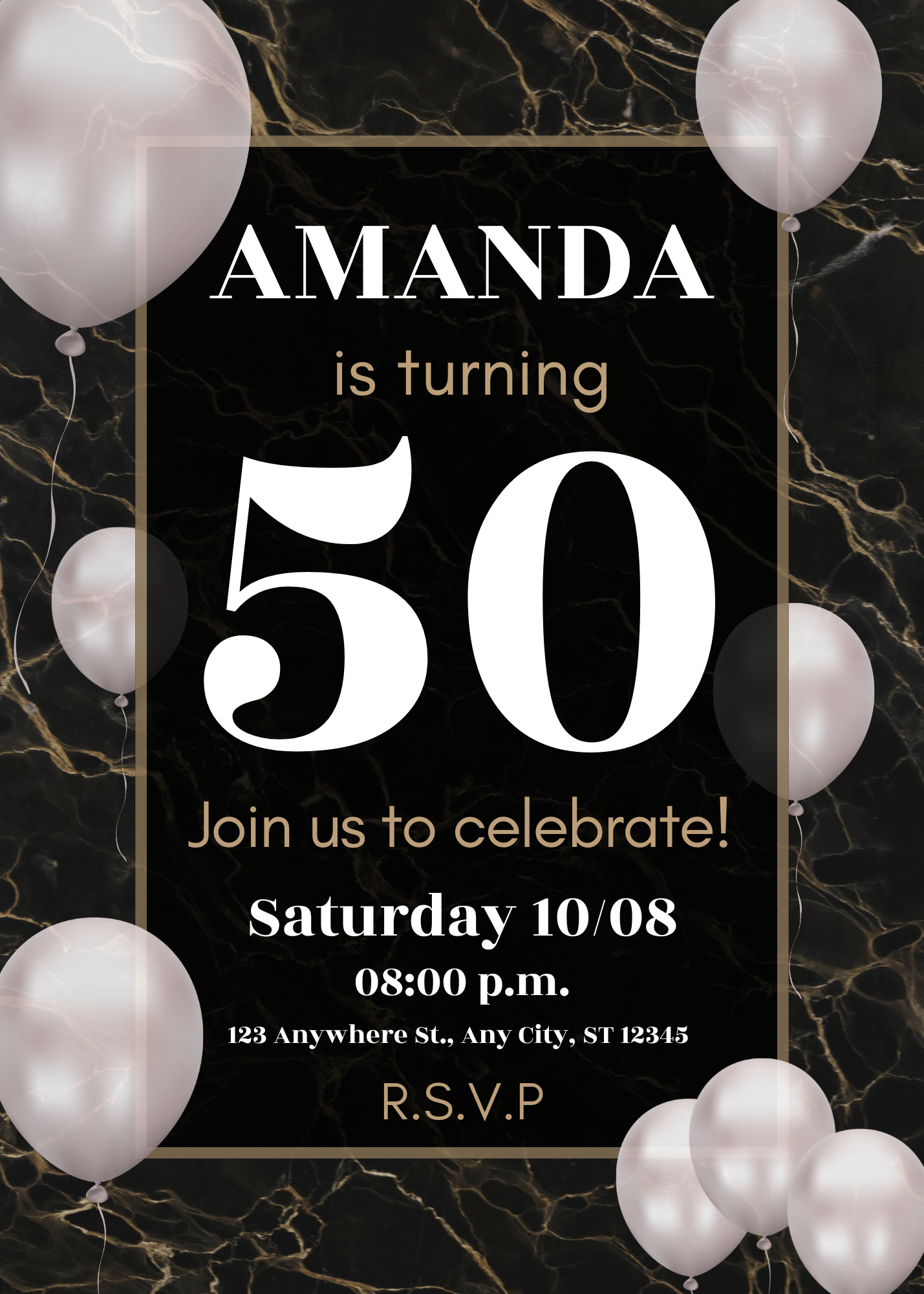 Gold Gold and Black 50th Birthday Party Invitation Portrait Modern Party Invitation
