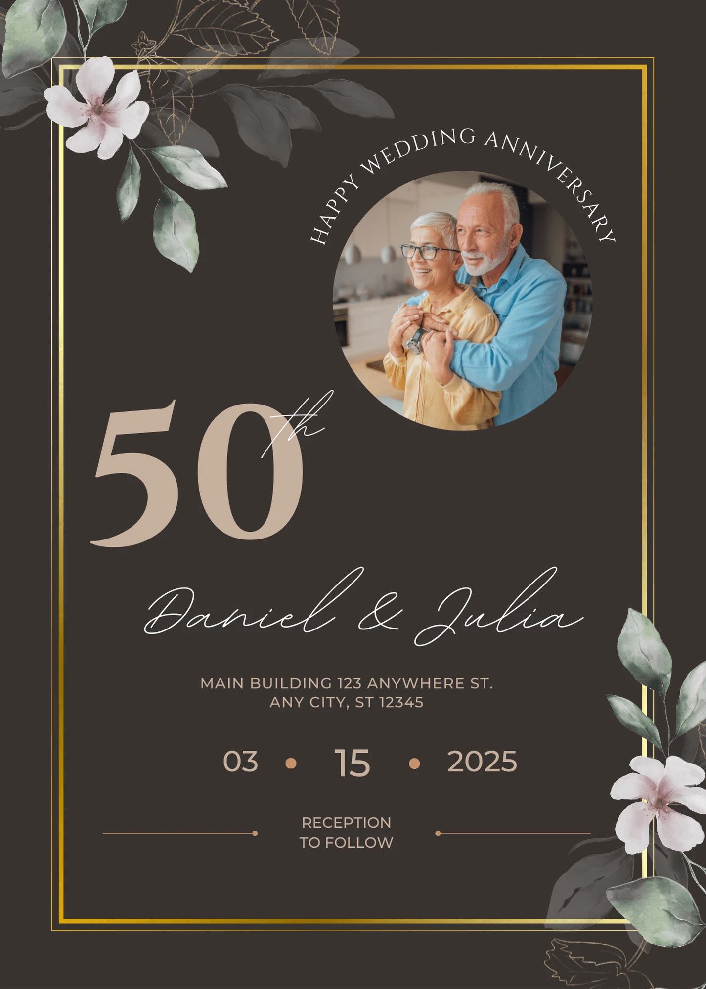Elegant Luxe Golden Brown Elegant 50th Anniversary Invitation Interactive Digital Invitation
