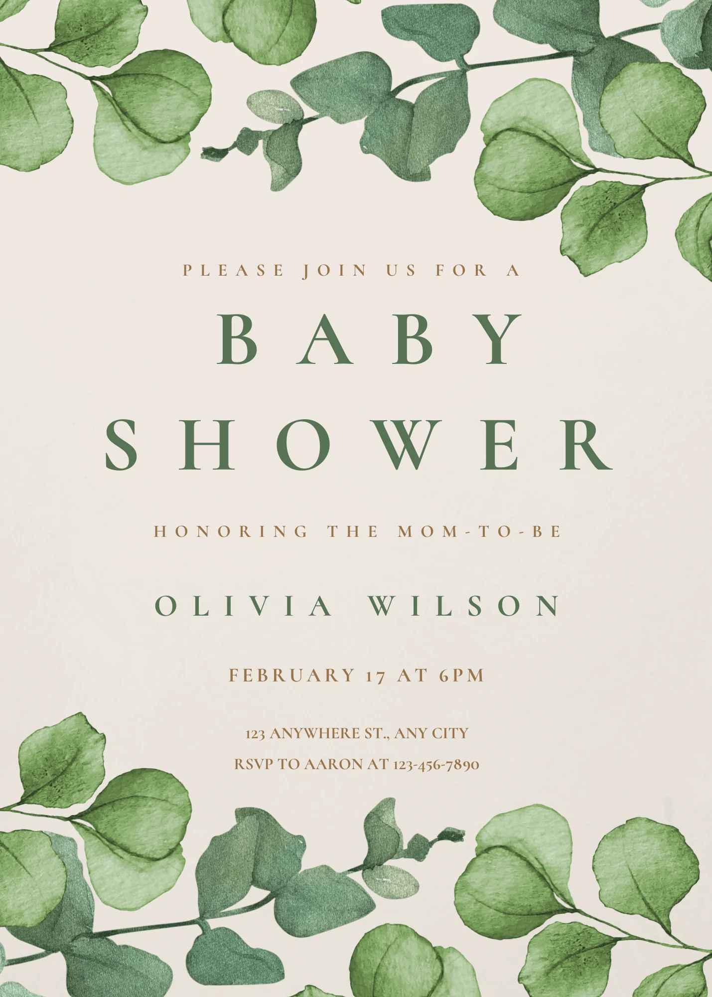 Elegant Green and Beige Watercolor Eucalyptus Baby Shower Invitation Modern Party Invitation
