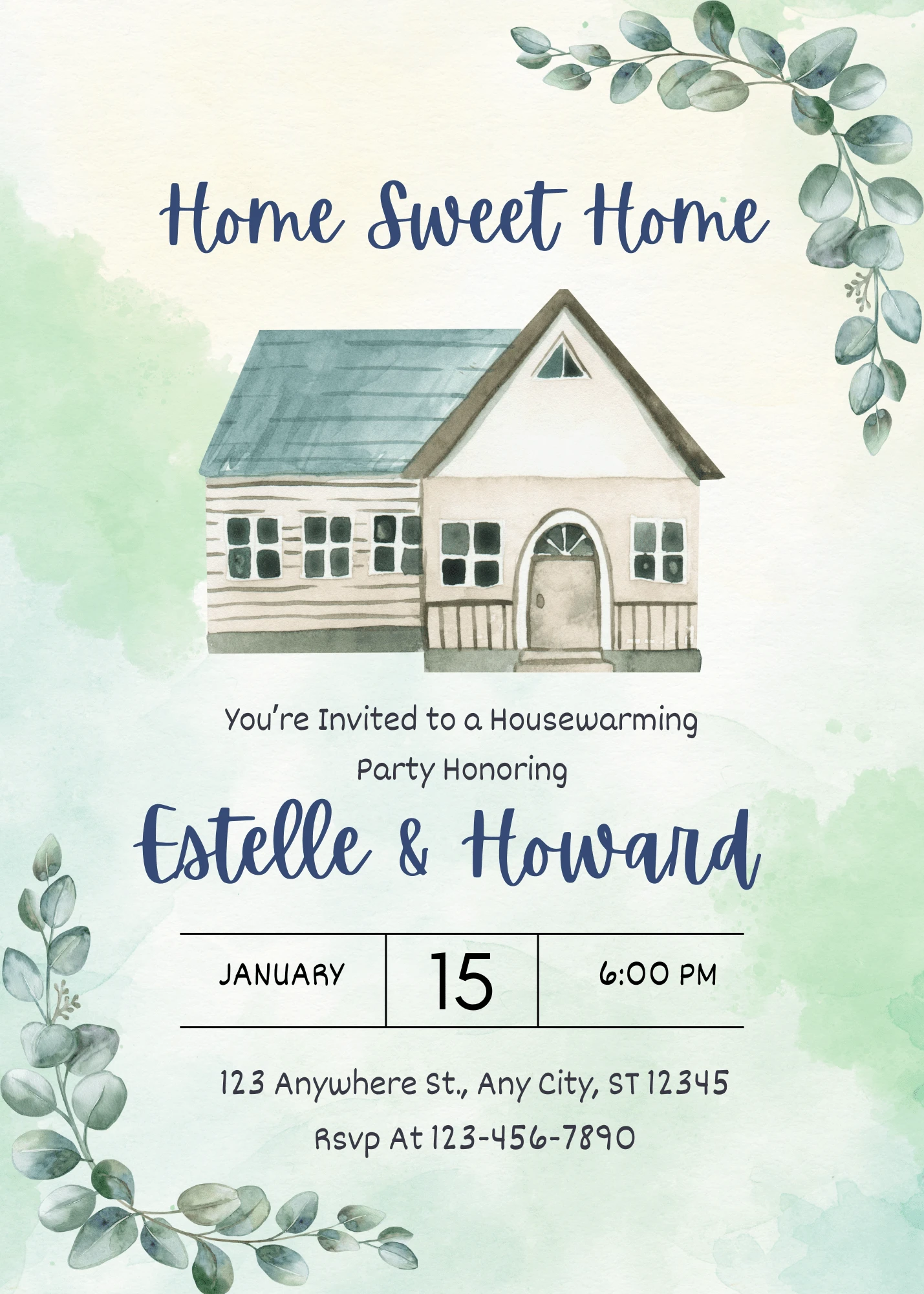 Floral Fresh Green and White Watercolor Floral Housewarming Invitation High-Quality Video Invite