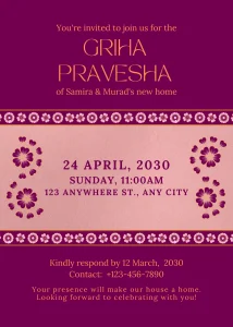Elegant Magenta and Beige Floral Griha Pravesha Invitation Sophisticated Celebration E-Card