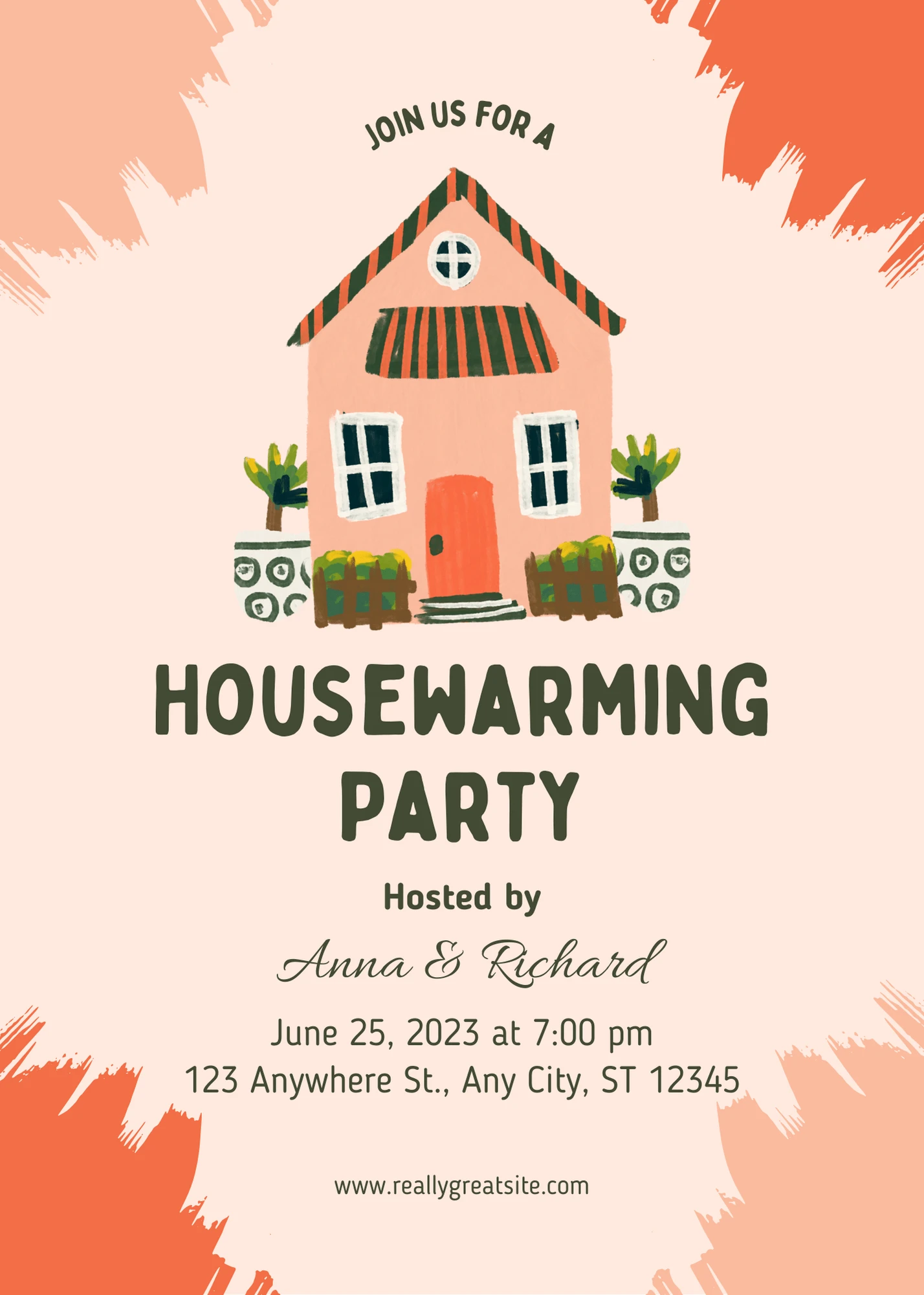 Vibrant Vibrant Orange and Green Illustrative Housewarming Invitation High-Quality Video Invite