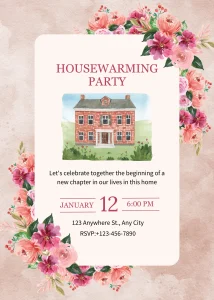 Floral Delightful Pink and Beige Floral Watercolor Housewarming Invitation Luxury Celebration Invite