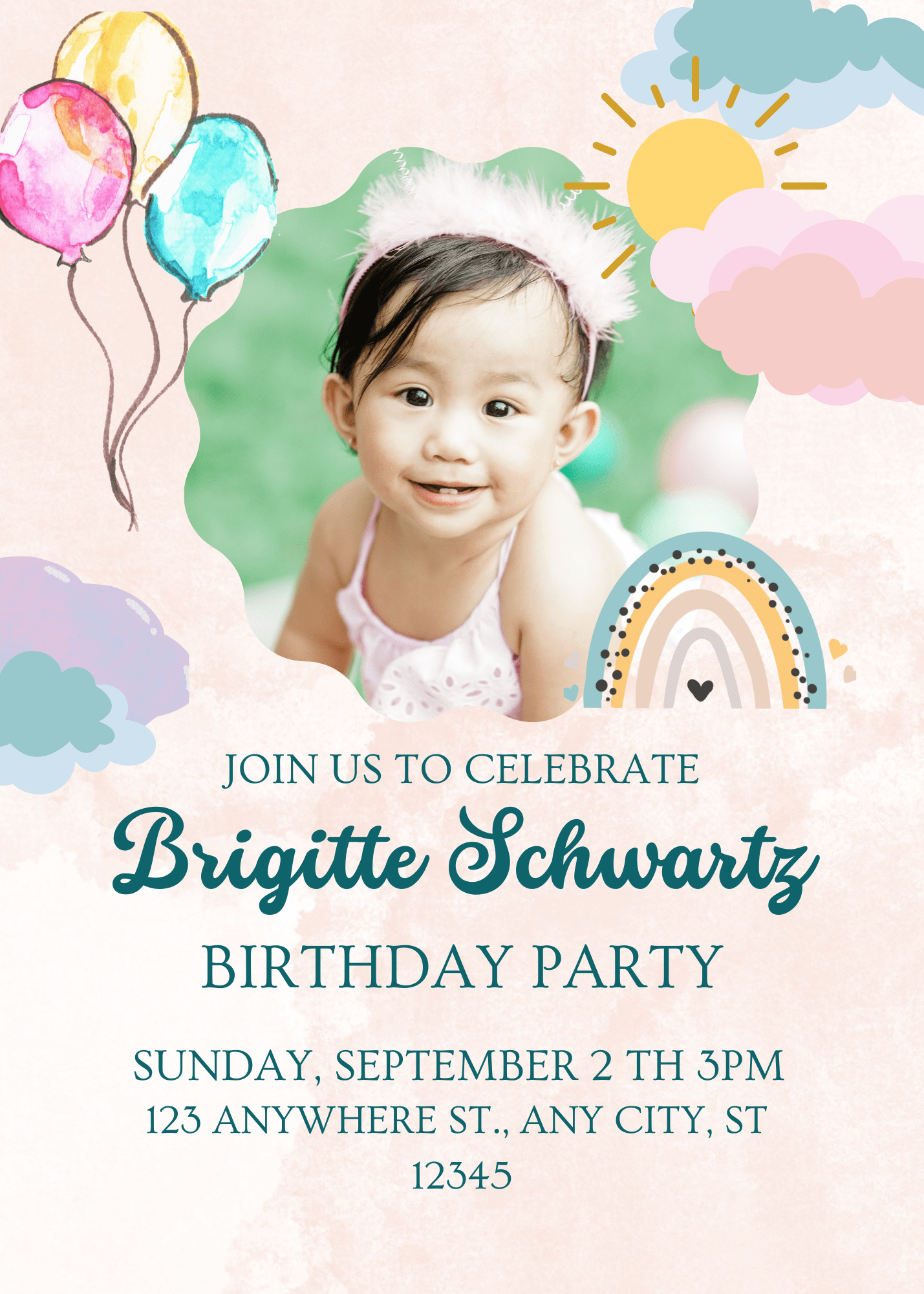 Fun Adorable Pink Cute Watercolor Birthday Invitation for Fun Celebrations Exclusive Birthday E-Card