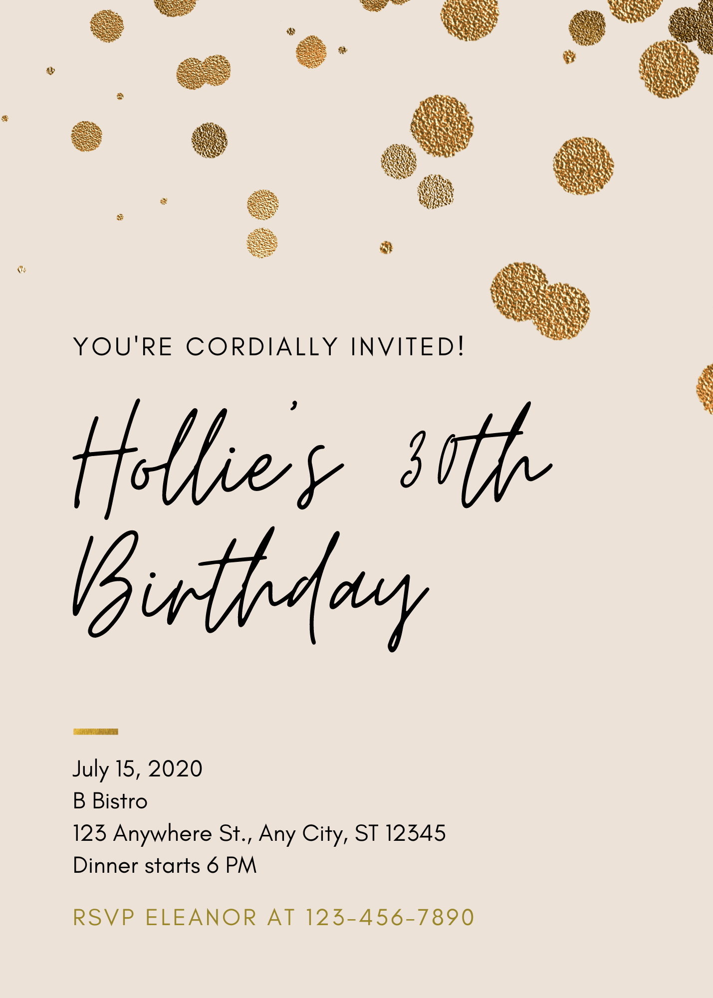 Glitter Sparkly Pink Dots Glitter and Gold Birthday Portrait Invitation for Glamorous Events Interactive Digital Invitation