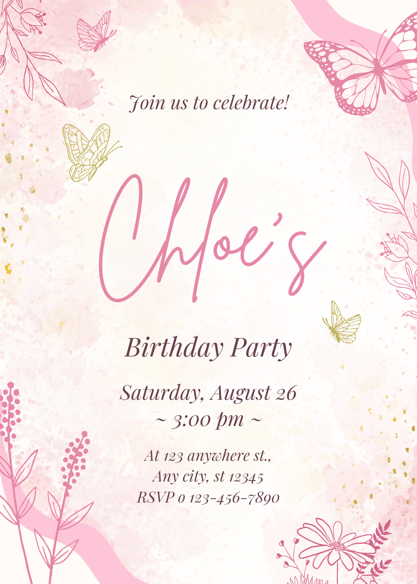 Elegant Pink and Gold Watercolor Birthday Party Invitation Exclusive Birthday E-Card