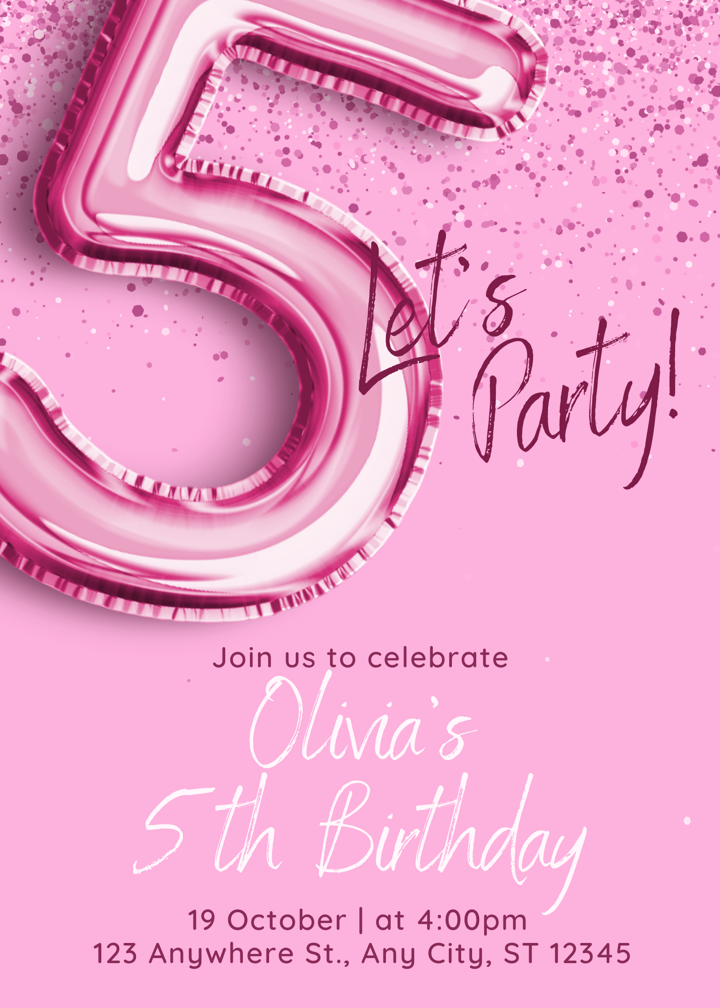 Modern Vibrant Pink Modern Confetti 5th Birthday Invitation for Fun Parties Personalized WhatsApp Invite