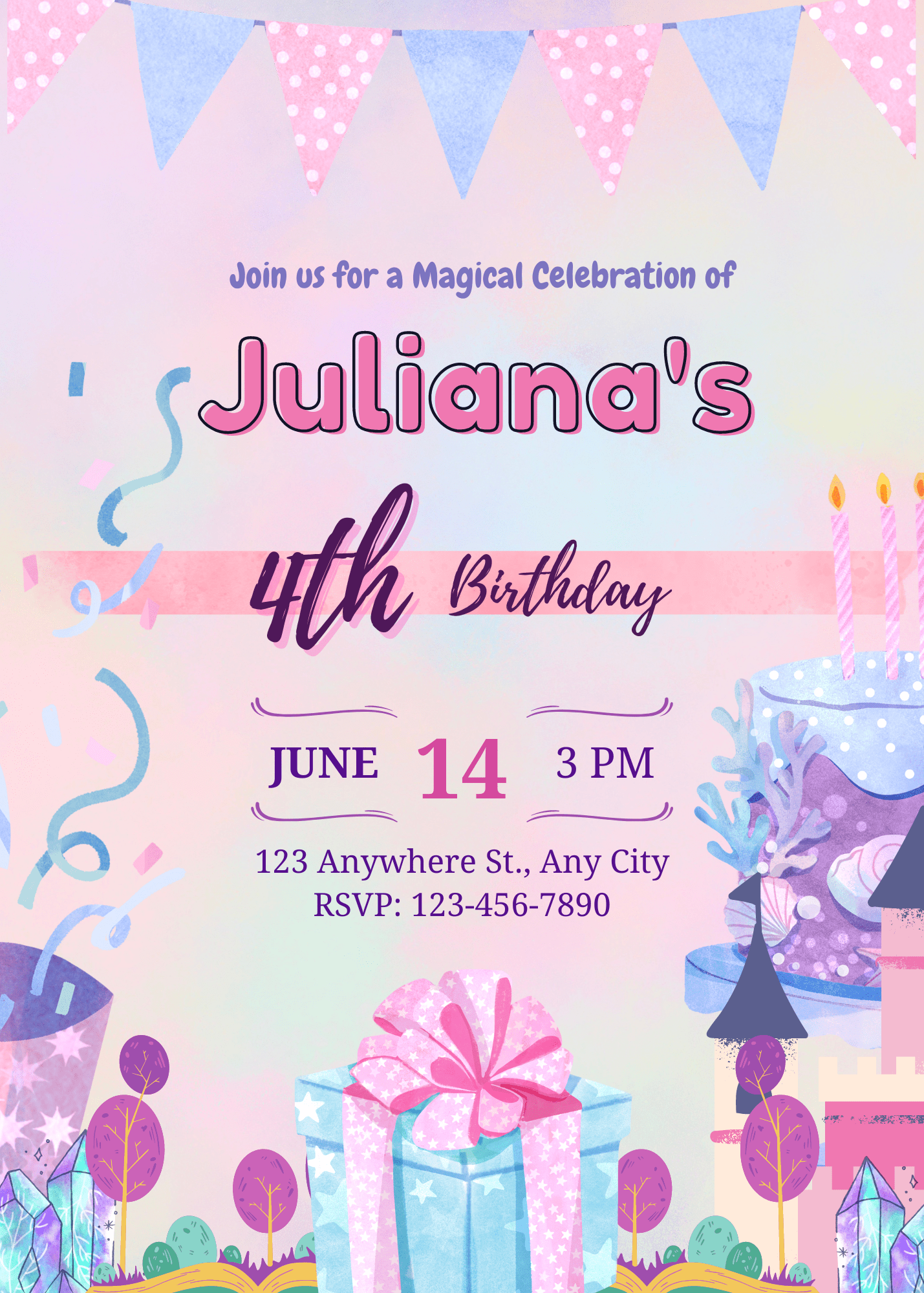 Birthday Enchanting Pink and Purple Magical Birthday Party Invitation for Fairy-Tale Celebrations Glitter Party E-Card