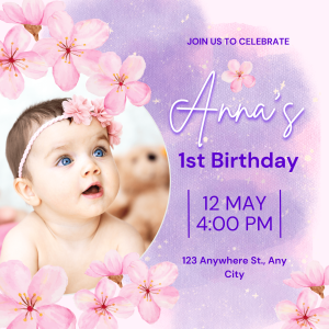 Floral Beautiful Pink Violet Watercolor Floral First Birthday Invitation for Girls High-Quality Video Invite