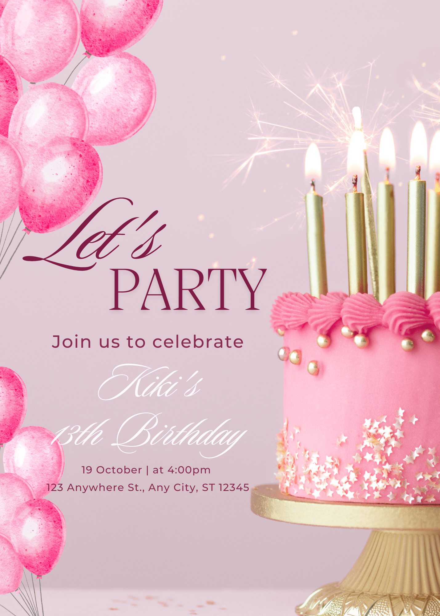 Birthday Adorable Pink Watercolor 13th Birthday Animated Square Invitation Glitter Party E-Card